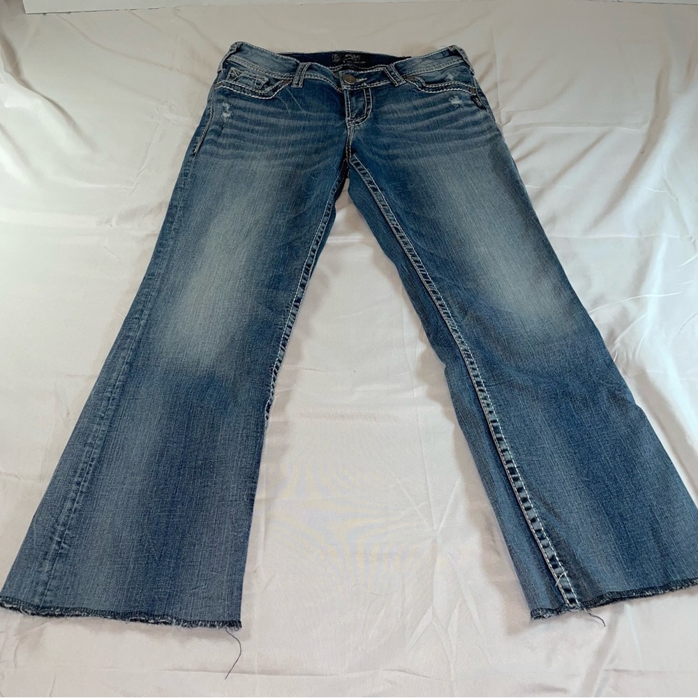 Silver Jeans Co Suki Mid Slim Boot Jeans W30 Raw Hem Super Stretch Blue